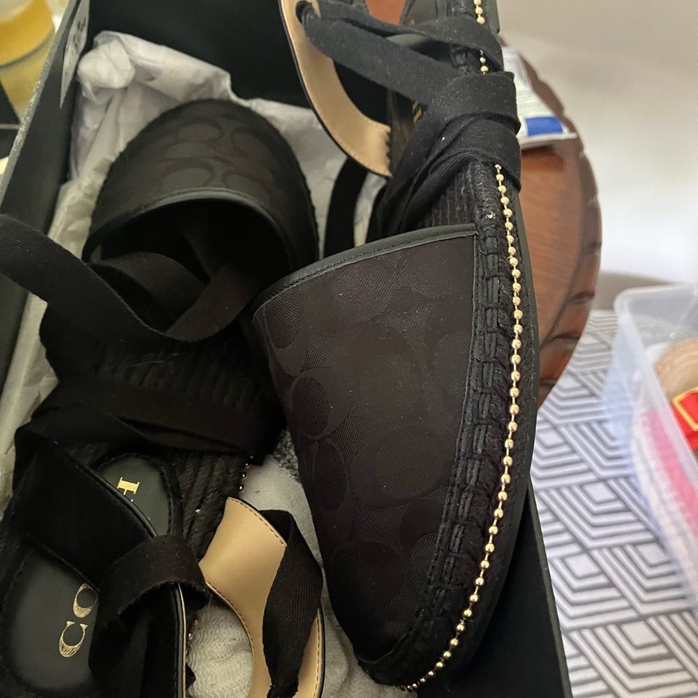 Coach Black Espadrille Flats with Gold Detailing